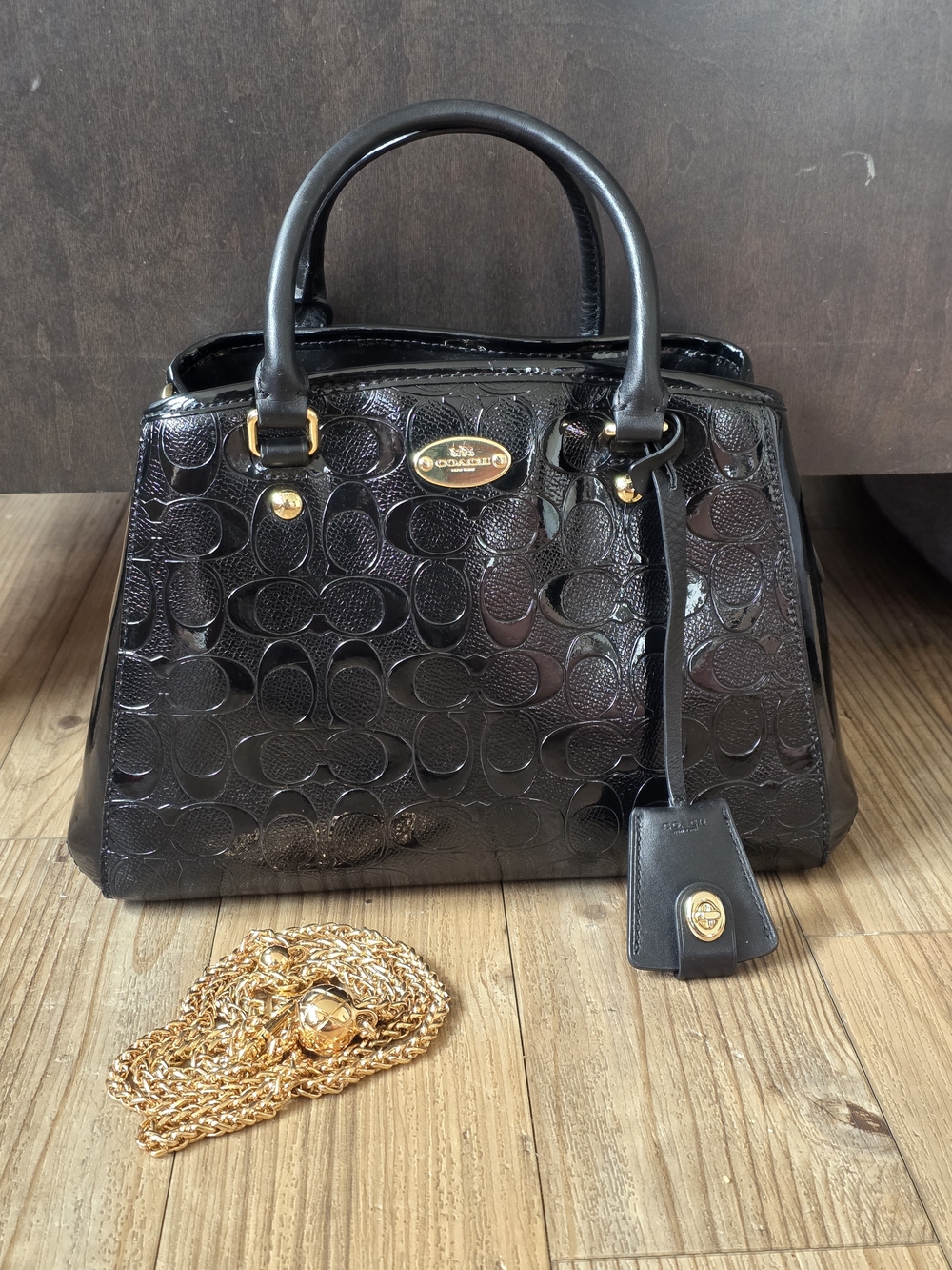 Coach Black Patent Leather Signature Satchel with Gold Hardware